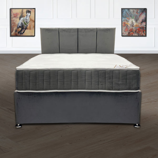 Grey Ikon Double Plush Velvet Divan Bed with Super Orthopaedic Mattress and Headboard