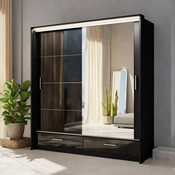 Black 2 Door Sliding High Gloss Wardrobe with Drawers – 208cm Marsylia