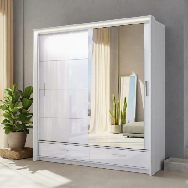 White Gloss Wardrobe with 2 Sliding Mirror Doors – Marsylia 208cm