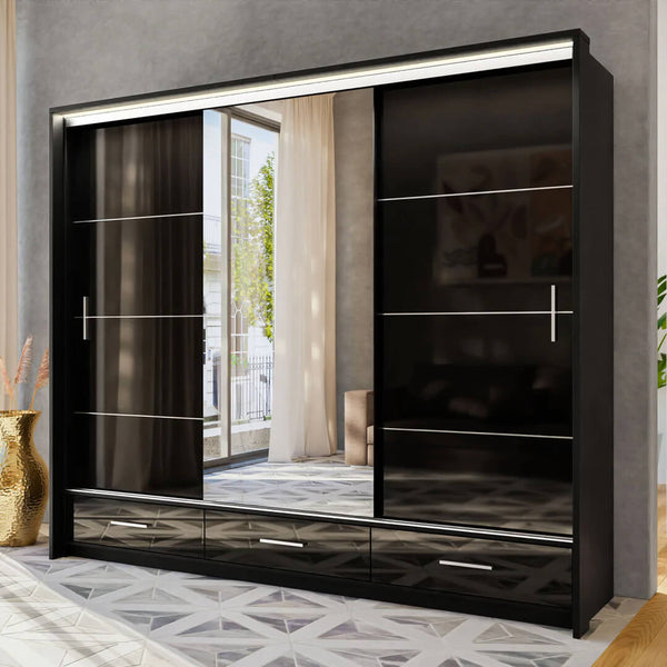 Black Gloss Wardrobe with 3 Mirror Sliding Doors- Marsylia 255cm