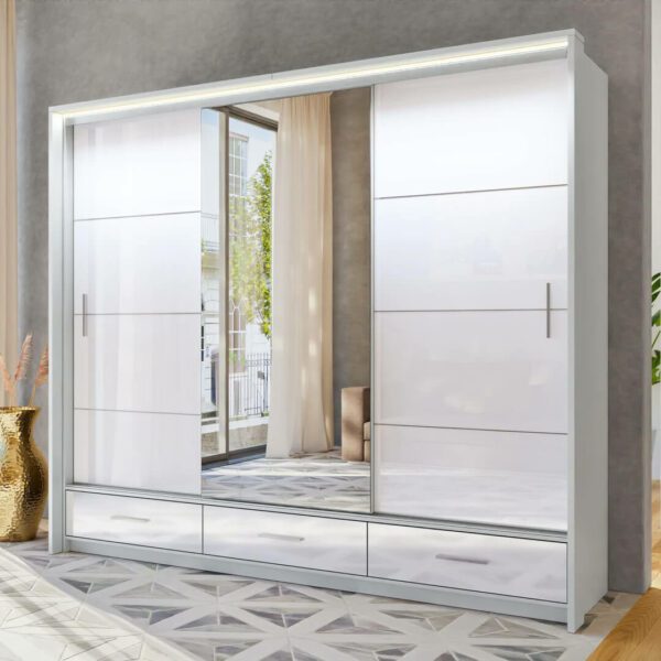 High Gloss Wardrobe White With Mirror Sliding Doors – Marsylia 255cm