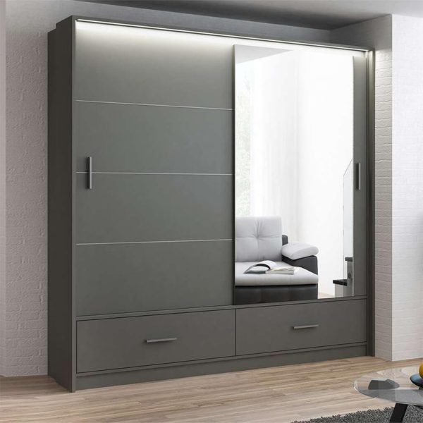 Marsylia Grey Wardrobe with 2 Sliding Mirror Doors and Drawers