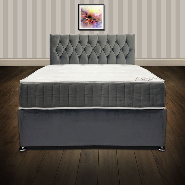 Grey Double Velvet Divan Bed with Memory Orthopaedic Mattress and Headboard