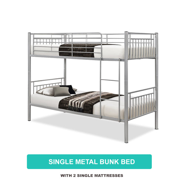 Single Metal Bunk Bed with 2 Single Mattresses
